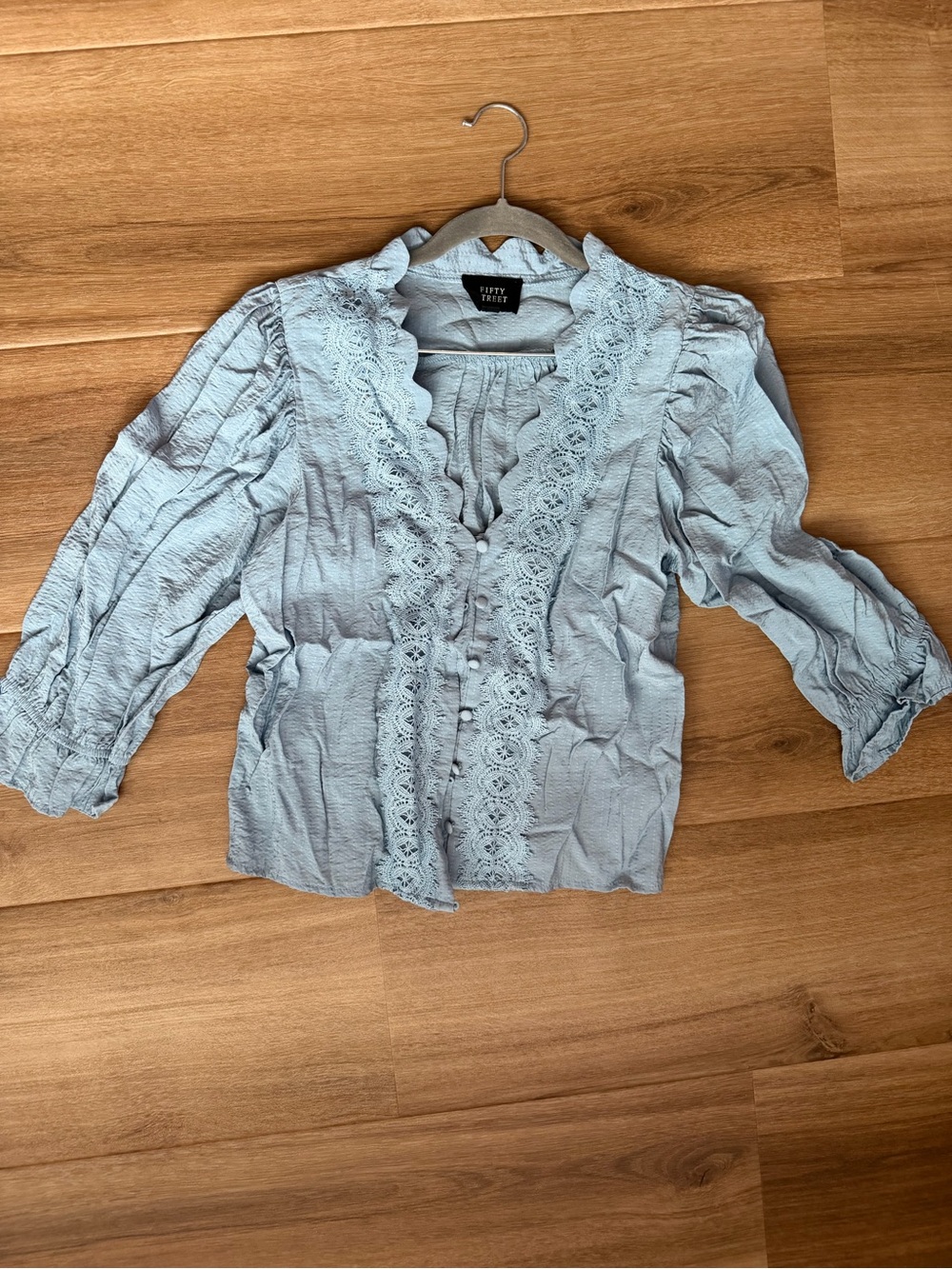 Feminine Light Blue Lace-Trim Button-Front Blouse